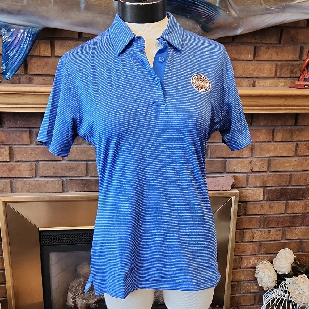 Fenix Xcell Golf PGA Polo Shirt Performance Mositure Wicking Blue Gray Striped